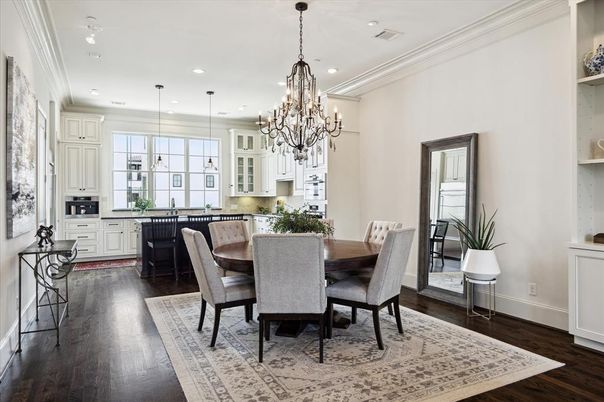 Chandelier, Dining room, Interior, Kitchen, Pendant Lights, Recessed Lighting, Wood Texture Flooring
