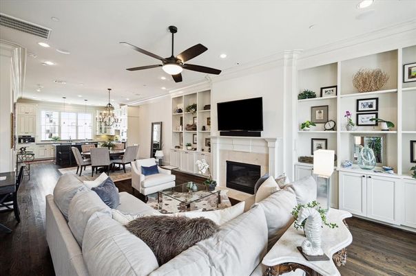 Dining room, Fireplace, Interior, Kitchen, Living room, Pendant Lights, Recessed Lighting, Wood Texture Flooring