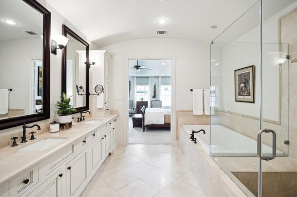 Bathroom, Bedroom, Dual Sink Vanities, Glass Shower, Interior, Recessed Lighting