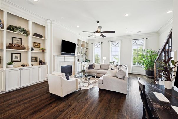 Fireplace, Interior, Living room, Recessed Lighting, Wood Texture Flooring
