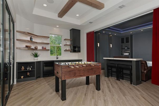 Game Room, Interior, Recessed Lighting, Wooden Beams, Wood Texture Flooring
