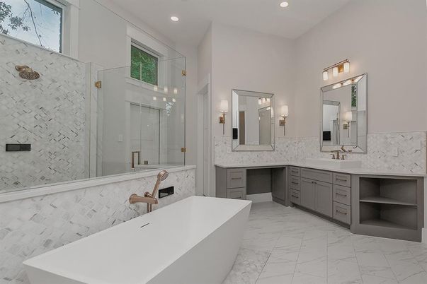 Bathroom, Dual Sink Vanities, Free Standing Baths, Glass Shower, Interior, Marble, Recessed Lighting
