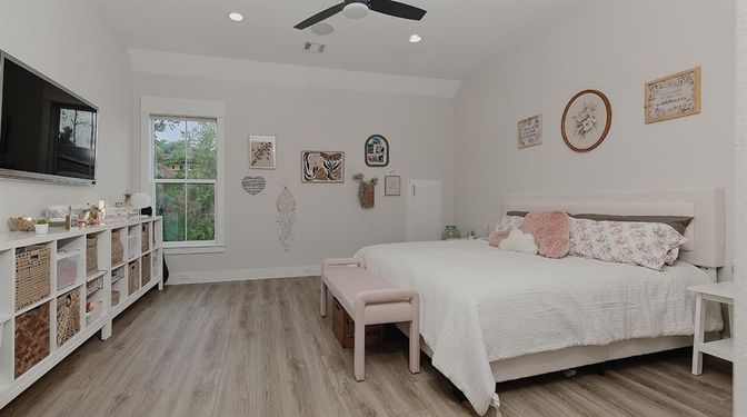 Bedroom, Interior, Recessed Lighting, Wood Texture Flooring