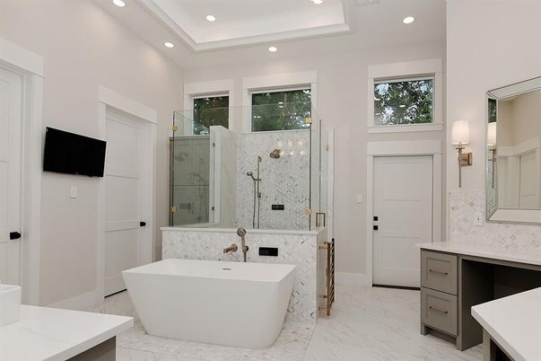Bathroom, Free Standing Baths, Glass Shower, Interior, Marble, Marble Walls, Recessed Lighting
