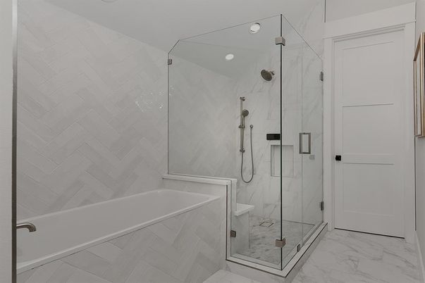 Bathroom, Glass Shower, Interior, Marble, Marble Walls, Recessed Lighting