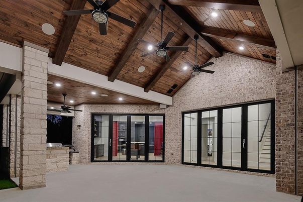 Empty room, Interior, Recessed Lighting, Stone Walls, Wooden Beams, Wooden Ceilings