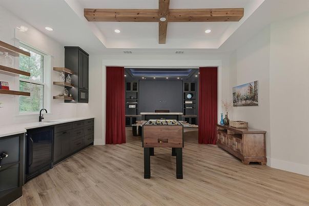 Game Room, Interior, Recessed Lighting, Wooden Beams, Wood Texture Flooring
