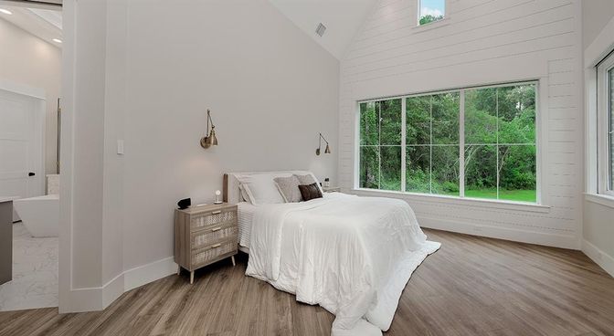 Bedroom, Interior, Recessed Lighting, Wood Texture Flooring