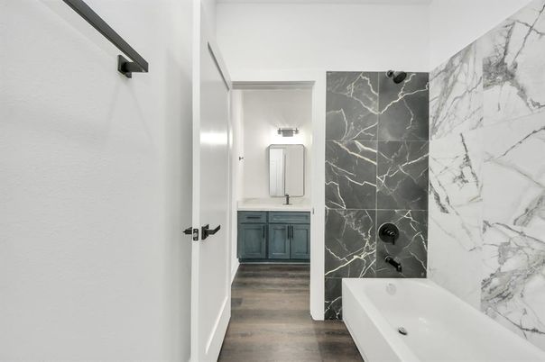 Bathroom, Interior, Marble Walls, Wood Texture Flooring