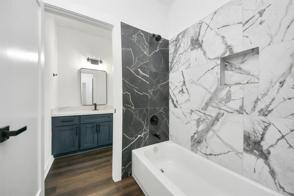 Bathroom, Interior, Marble Walls, Wood Texture Flooring