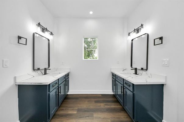 Bathroom, Dual Sink Vanities, Interior, Recessed Lighting, Wood Texture Flooring