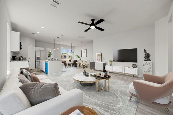 Dining room, Interior, Kitchen, Living room, Pendant Lights, Recessed Lighting, Stainless Steel Appliances, Wood Texture Flooring