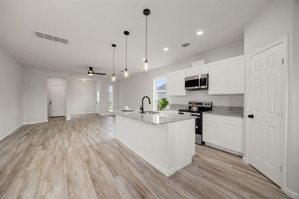 Interior, Kitchen, Pendant Lights, Recessed Lighting, Wood Texture Flooring