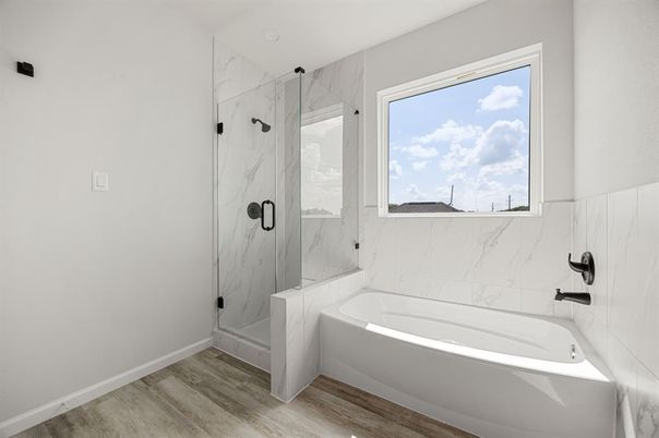 Bathroom, Glass Shower, Interior, Marble Walls, Wood Texture Flooring