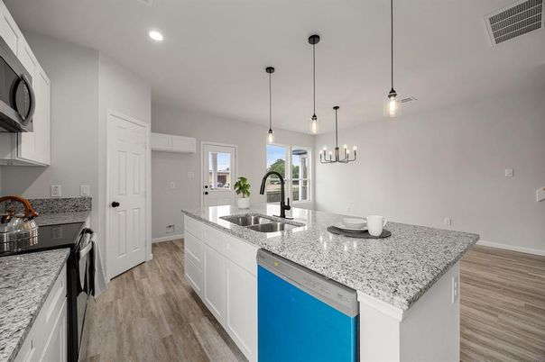 Interior, Kitchen, Pendant Lights, Recessed Lighting, Wood Texture Flooring