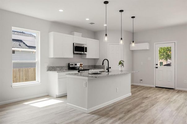 Interior, Kitchen, Pendant Lights, Recessed Lighting, Wood Texture Flooring