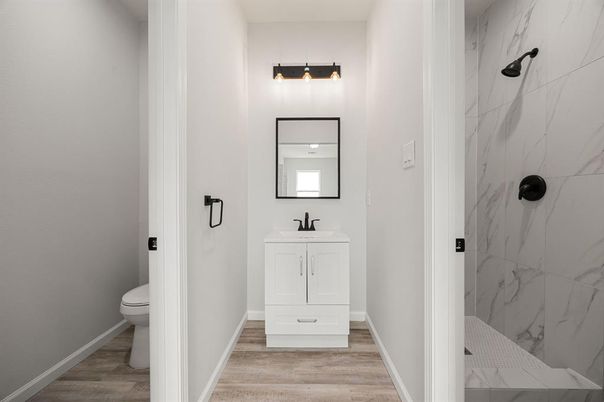 Bathroom, Interior, Marble Walls, Wood Texture Flooring
