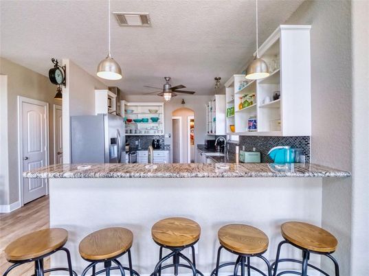 Interior, Kitchen, Pendant Lights, Wood Texture Flooring
