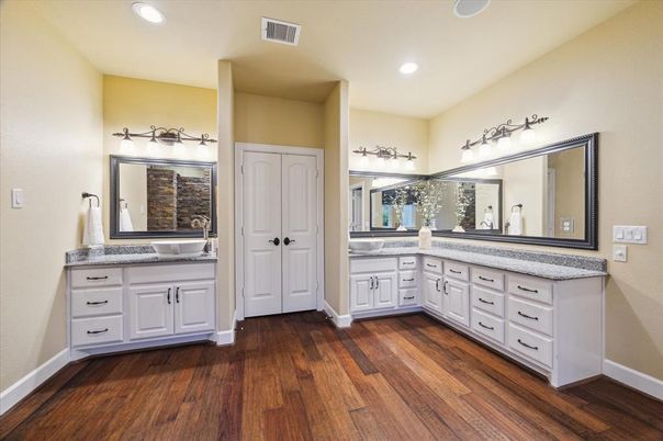 Bathroom, Dual Sink Vanities, Interior, Recessed Lighting, Wood Texture Flooring
