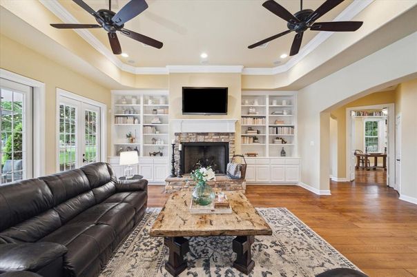 Fireplace, Interior, Living room, Recessed Lighting, Wood Texture Flooring