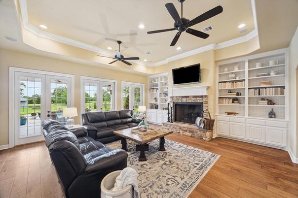 Fireplace, Interior, Living room, Recessed Lighting, Wood Texture Flooring