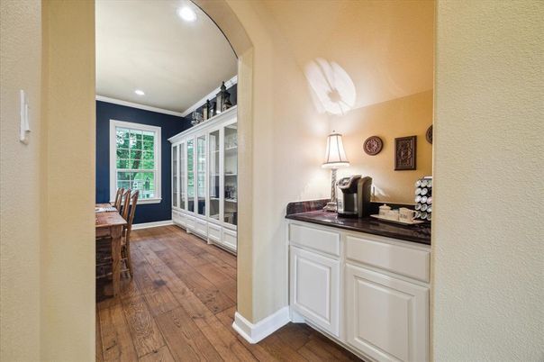 Dining room, Interior, Recessed Lighting, Wood Texture Flooring