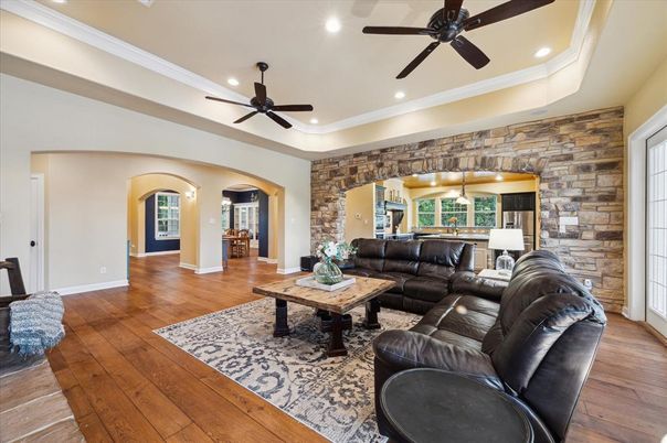 Interior, Living room, Recessed Lighting, Stone Walls, Wood Texture Flooring