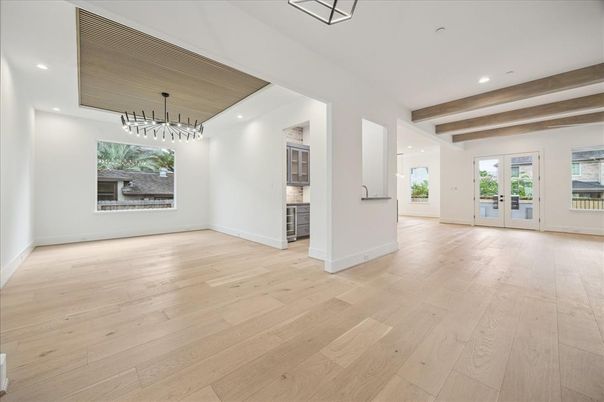 Empty room, Interior, Pendant Lights, Recessed Lighting, Wooden Beams, Wood Texture Flooring