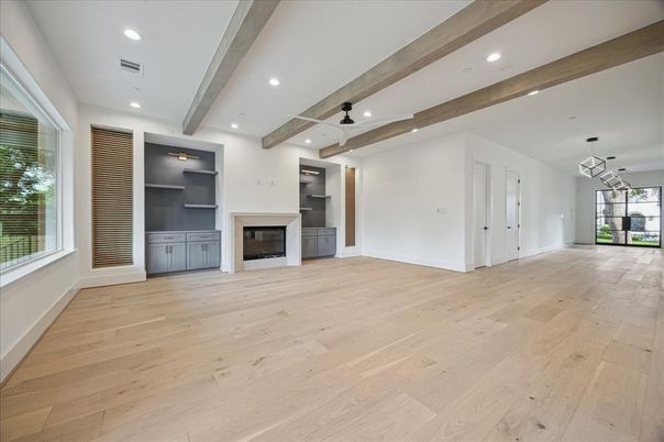 Empty room, Fireplace, Interior, Pendant Lights, Recessed Lighting, Wooden Beams, Wood Texture Flooring