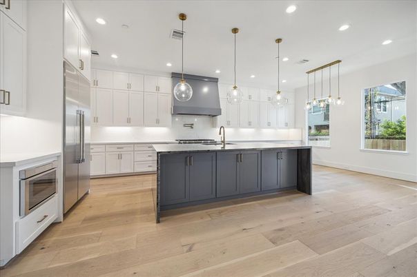 Interior, Kitchen, Pendant Lights, Recessed Lighting, Stainless Steel Appliances, Wood Texture Flooring