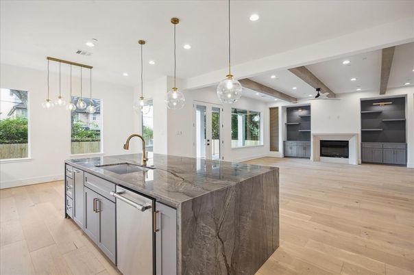 Fireplace, Interior, Kitchen, Pendant Lights, Recessed Lighting, Wooden Beams, Wood Texture Flooring