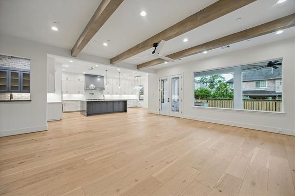 Interior, Kitchen, Pendant Lights, Recessed Lighting, Wooden Beams, Wood Texture Flooring