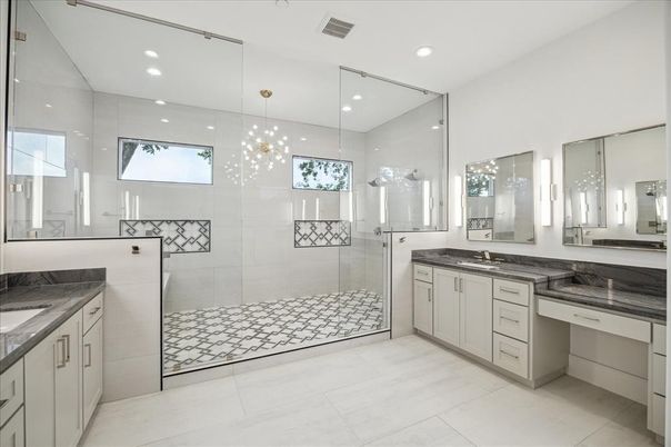 Bathroom, Dual Sink Vanities, Glass Shower, Interior, Pendant Lights, Recessed Lighting
