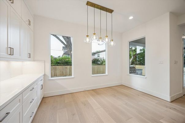 Empty room, Interior, Pendant Lights, Recessed Lighting, Wood Texture Flooring