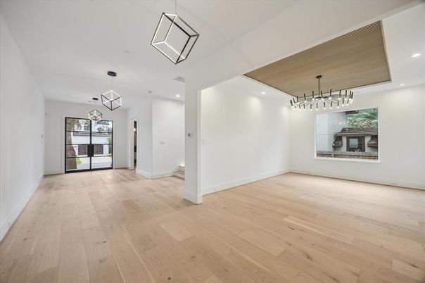 Empty room, Interior, Pendant Lights, Recessed Lighting, Wood Texture Flooring