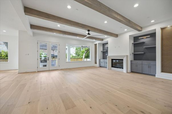 Empty room, Fireplace, Interior, Recessed Lighting, Wooden Beams, Wood Texture Flooring