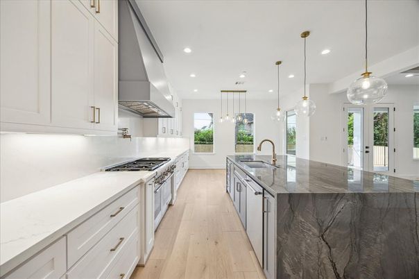 Interior, Kitchen, Pendant Lights, Recessed Lighting, Stainless Steel Appliances, Wood Texture Flooring