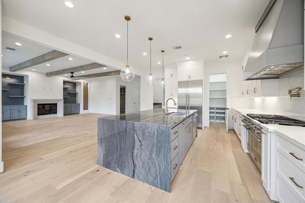Interior, Kitchen, Pendant Lights, Recessed Lighting, Stainless Steel Appliances, Wooden Beams, Wood Texture Flooring