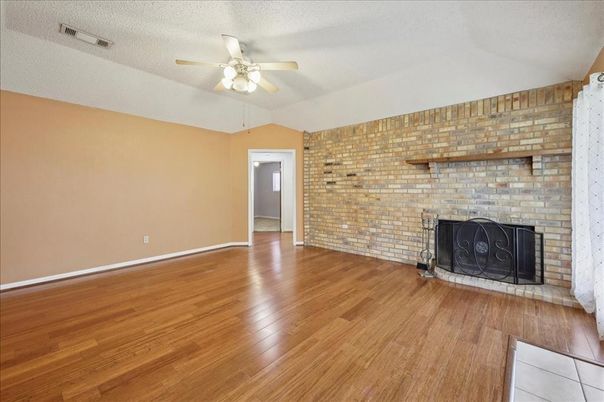 Empty room, Fireplace, Interior, Stone Walls, Wood Texture Flooring