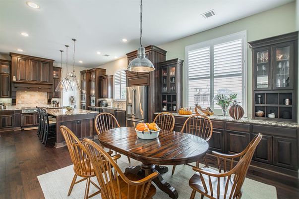 Dining room, Interior, Kitchen, Pendant Lights, Recessed Lighting, Stainless Steel Appliances, Wood Texture Flooring