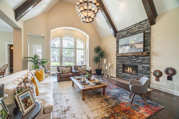 Chandelier, Fireplace, Interior, Living room, Pendant Lights, Recessed Lighting, Wooden Beams, Wood Texture Flooring
