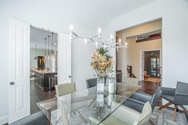 Dining room, Interior, Pendant Lights, Wood Texture Flooring