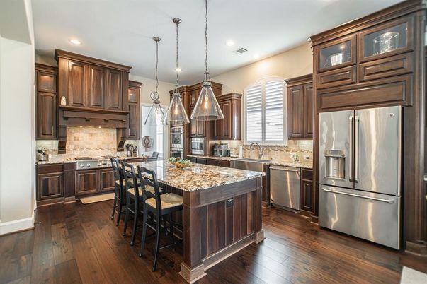 Interior, Kitchen, Pendant Lights, Recessed Lighting, Stainless Steel Appliances, Wood Texture Flooring