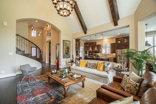 Chandelier, Interior, Kitchen, Living room, Pendant Lights, Recessed Lighting, Stainless Steel Appliances, Wooden Beams, Wood Texture Flooring