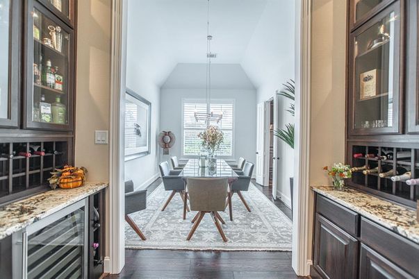 Dining room, Interior, Pendant Lights, Wood Texture Flooring