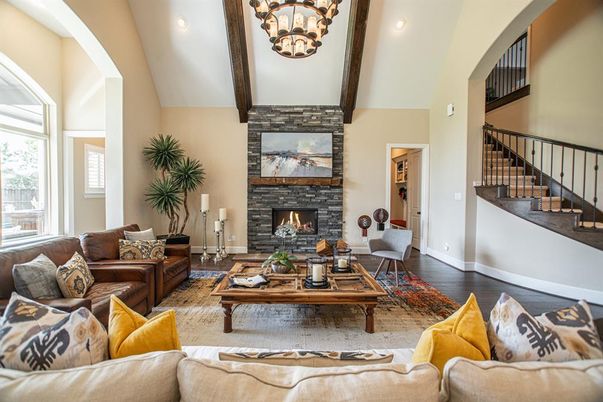 Fireplace, Interior, Living room, Recessed Lighting, Stone Walls, Wood Texture Flooring