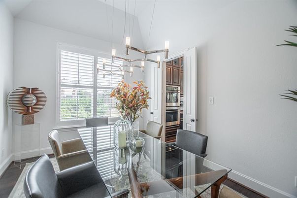 Dining room, Interior, Pendant Lights, Wood Texture Flooring