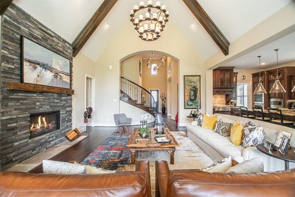 Chandelier, Dining room, Fireplace, Interior, Kitchen, Living room, Pendant Lights, Recessed Lighting, Wood Texture Flooring