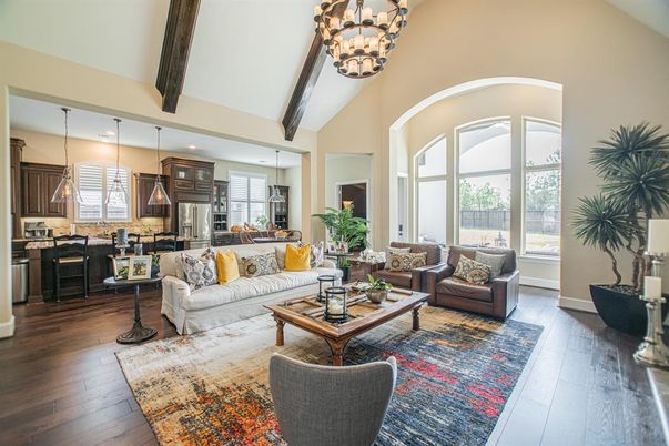 Chandelier, Interior, Kitchen, Living room, Pendant Lights, Recessed Lighting, Stainless Steel Appliances, Wooden Beams, Wood Texture Flooring