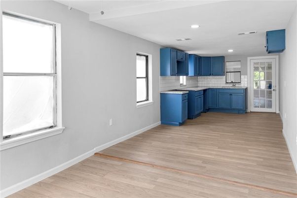 Empty room, Interior, Kitchen, Recessed Lighting, Wood Texture Flooring